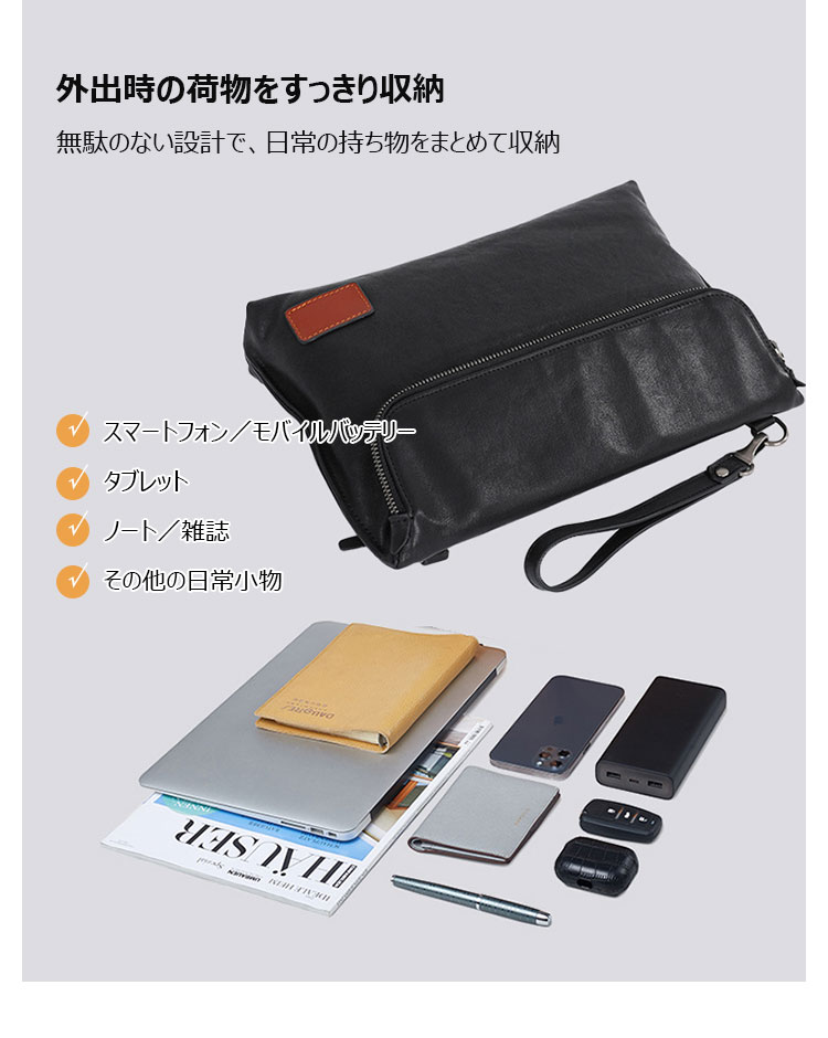 Whatna アンティーク風合い鞣し牛革トップ セカンドバッグ メンズ 本革 3WAY ショルダーバッグ 斜めがけ クラッチバッグレザー 植物タンニン鞣し ショルダーベルト・ハンドストラップ取り外し可 ブラック 1101A-8