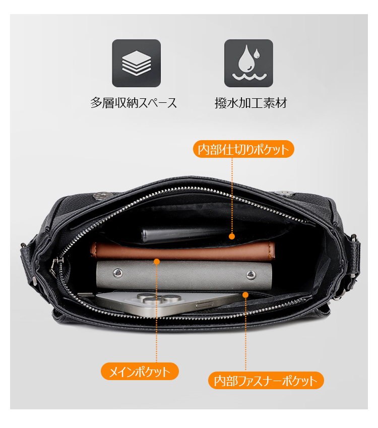 Whatna メンズショルダーバッグ PUレザー スタッズデザイン 横型 斜め掛け ミニバッグ カジュアル SHD304-8