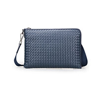 Whatna 手作り編み込み 2way 牛革 セカンド バッグ メンズ バッグ [クラッチ ショルダー 肩掛け 結婚式 バッグ] 厚手 本 革 A4 Lファスナー 手持ちバッグ ビジネス フォーマル 冠婚葬祭 バッグ 紳士用 男性用 黒 青（9982-2）