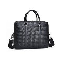 Whatna 牛革 手作り編み込み ビジネスバッグメンズ 2WAY 手提げ ショルダー バッグ 厚手 レザー 本 革 A4 15インチ PC収納可 大容量 旅行出 張用 通勤 通学 就活 面接 バッグ かばん 男性用 黒（B#PR003）