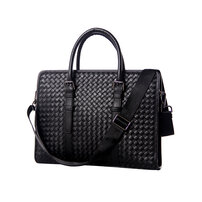Whatna 牛革 手作り編み込み ビジネスバッグメンズ 2WAY 手提げ ショルダー バッグ 厚手 レザー 本 革 A4 15インチ PC収納可 大容量 旅行出 張用 通勤 通学 就活 面接 バッグ かばん 男性用 黒（3878-2）
