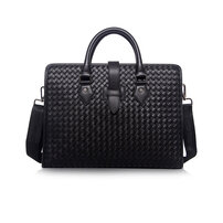 Whatna 牛革 手作り編み込み ビジネスバッグメンズ 2WAY 手提げ ショルダー バッグ 厚手 レザー 本 革 A4 14インチ PC収納可 大容量 旅行出 張用 通勤 通学 就活 面接 バッグ かばん 男性用 黒（B#PR382）