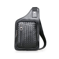 Whatna 手作り編み込み 牛革 斜めがけ ボディバッグ ワンショルダー メンズ 本 革 厚手 レザー 黒 5005-1