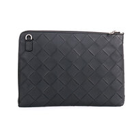 Whatna 2way 牛革 手作り編み込み メンズ セカンド バッグ ショルダーベルト付属 Lファスナー 大きめ A4 ipad pro 13収納可 本革 クラッチ ショルダー 結婚式 バッグ ビジネス フォーマル 冠婚葬祭 バッグ紳士用 男性用 黒（1718）