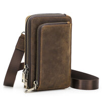 Whatna 天然 牛革 ミニショルダーバッグ メンズ ポシェットポお財布 4枚カード収納 3way斜め掛け ボディバッグ ベルト ポーチ ミニ 胸バッグ ウエストバッグ 長財布 ショルダーベルト付属 斜め掛け 通学 通勤 ミニバッグ 紳士用 男性用 ブラウン