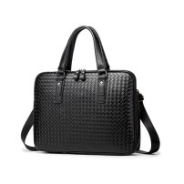 Whatna 手作り編み込み革 ビジネスバッグ メンズ 2way 手提げバッグ ショルダーバッグ ダブルファスナー A4 15.6インチpc 収納可 本革 ビジネス 通勤 通学 斜めがけ バッグ ワンショルダーバッグ自転車 かばん男性用 黒（L4925）