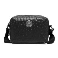 Whatna オーストリッチ 型押し 牛革 ミニショルダーバッグ メンズ ポシェット ショルダーミニポーチ 横型 2室仕切 本革 レザー小さめ メッセンジャーバッグ ワンショルダー斜めがけ ボディ バッグミニ 胸バッグ フォーマル 通学 通勤 鞄 バッグ黒