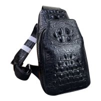 Whatna クロコダイル革 本革 斜めがけ ボディバッグ ワンショルダー メンズ ボディ斜め掛け 胸バッグダブルファスナー厚手 レザー ワニ革 黑