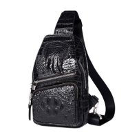 Whatna クロコダイル革 本革 斜めがけ ボディバッグ ワンショルダー メンズ ボディ斜め掛け 胸バッグ 厚手 レザー ワニ革 左右付け替え可能 黑 4460