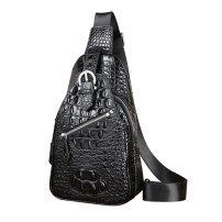 Whatna クロコダイル革 本革 斜めがけ ボディバッグ ワンショルダー メンズ ボディ斜め掛け 胸バッグ 厚手 レザー ワニ革 左右付け替え可能 黑 4459