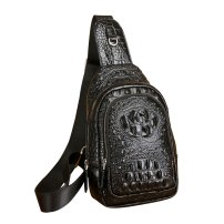 Whatna クロコダイル革 本革 斜めがけ ボディバッグ ワンショルダー メンズ ボディ斜め掛け 胸バッグ 厚手 レザー ワニ革 左右付け替え可能 黒 4462