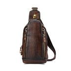 Whatna アンティーク風合い鞣し天 然牛 革 斜めがけ ボディバッグ ワンショルダー メンズ 胸バッグ ダブルファスナー本革 厚手 レザー 8030