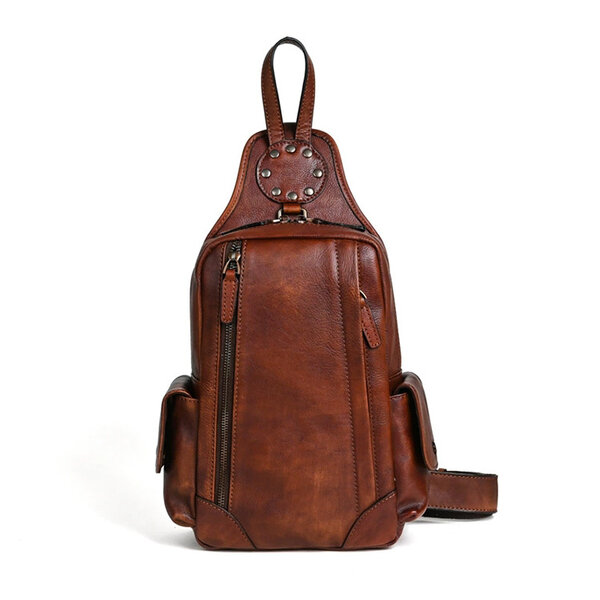 Whatnaアンティーク風合い鞣し天 然牛 革 斜めがけ ボディバッグ ワンショルダー メンズ ダブルファスナー本革 厚手 レザー2017元の画像